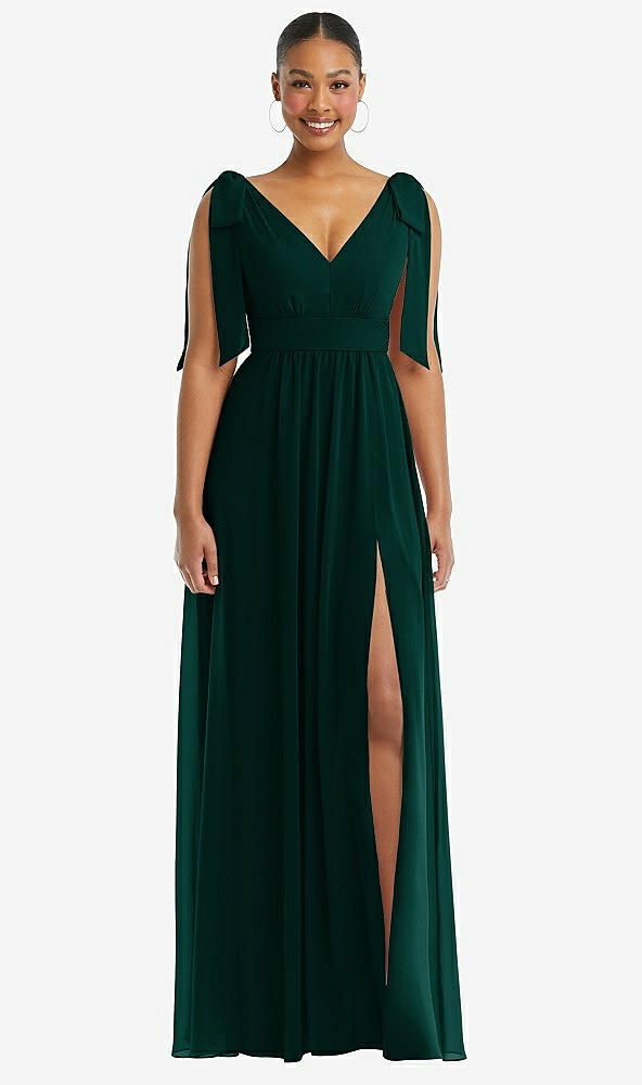 Front View - Evergreen Plunge Neckline Bow Shoulder Empire Waist Chiffon Maxi Dress