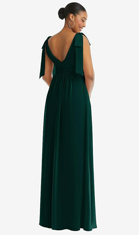 Back View - Evergreen Plunge Neckline Bow Shoulder Empire Waist Chiffon Maxi Dress