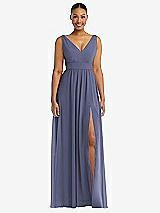 Alt View 2 Thumbnail - French Blue Plunge Neckline Bow Shoulder Empire Waist Chiffon Maxi Dress