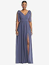 Front View Thumbnail - French Blue Plunge Neckline Bow Shoulder Empire Waist Chiffon Maxi Dress