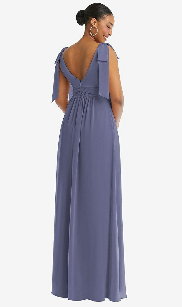 Back View - French Blue Plunge Neckline Bow Shoulder Empire Waist Chiffon Maxi Dress