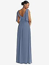Rear View Thumbnail - Larkspur Blue Plunge Neckline Bow Shoulder Empire Waist Chiffon Maxi Dress
