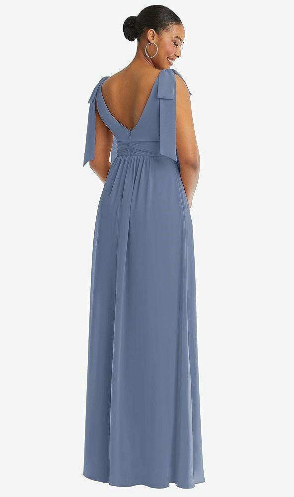 Back View - Larkspur Blue Plunge Neckline Bow Shoulder Empire Waist Chiffon Maxi Dress