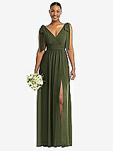 Alt View 1 Thumbnail - Olive Green Plunge Neckline Bow Shoulder Empire Waist Chiffon Maxi Dress