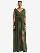Front View Thumbnail - Olive Green Plunge Neckline Bow Shoulder Empire Waist Chiffon Maxi Dress