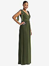 Side View Thumbnail - Olive Green Plunge Neckline Bow Shoulder Empire Waist Chiffon Maxi Dress