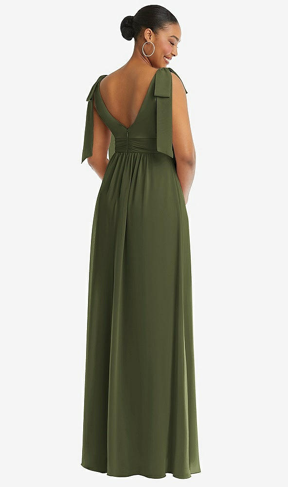 Back View - Olive Green Plunge Neckline Bow Shoulder Empire Waist Chiffon Maxi Dress