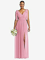 Alt View 1 Thumbnail - Peony Pink Plunge Neckline Bow Shoulder Empire Waist Chiffon Maxi Dress