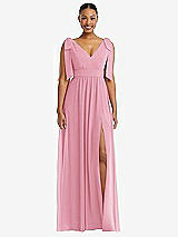 Front View Thumbnail - Peony Pink Plunge Neckline Bow Shoulder Empire Waist Chiffon Maxi Dress
