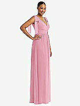 Side View Thumbnail - Peony Pink Plunge Neckline Bow Shoulder Empire Waist Chiffon Maxi Dress