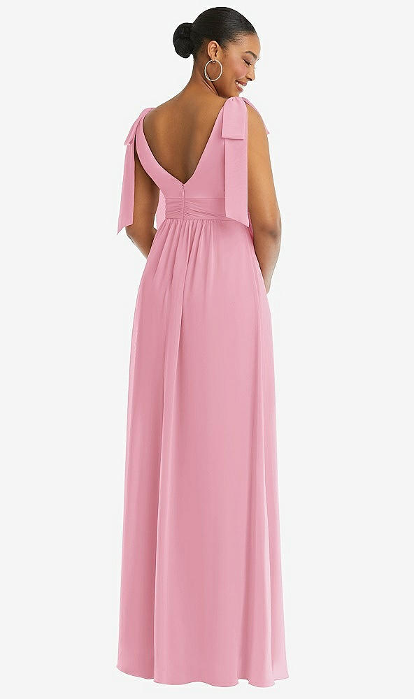 Back View - Peony Pink Plunge Neckline Bow Shoulder Empire Waist Chiffon Maxi Dress