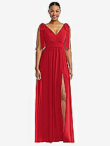 Front View Thumbnail - Parisian Red Plunge Neckline Bow Shoulder Empire Waist Chiffon Maxi Dress