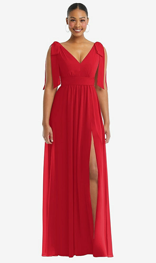 Front View - Parisian Red Plunge Neckline Bow Shoulder Empire Waist Chiffon Maxi Dress