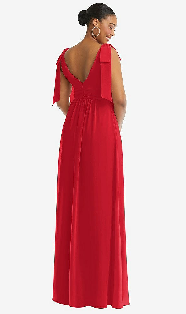 Back View - Parisian Red Plunge Neckline Bow Shoulder Empire Waist Chiffon Maxi Dress