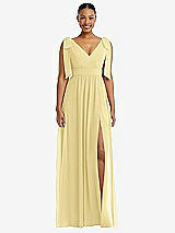 Front View Thumbnail - Pale Yellow Plunge Neckline Bow Shoulder Empire Waist Chiffon Maxi Dress