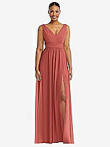 Alt View 2 Thumbnail - Coral Pink Plunge Neckline Bow Shoulder Empire Waist Chiffon Maxi Dress