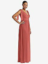 Side View Thumbnail - Coral Pink Plunge Neckline Bow Shoulder Empire Waist Chiffon Maxi Dress