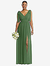 Alt View 1 Thumbnail - Vineyard Green Plunge Neckline Bow Shoulder Empire Waist Chiffon Maxi Dress