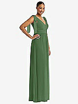 Side View Thumbnail - Vineyard Green Plunge Neckline Bow Shoulder Empire Waist Chiffon Maxi Dress
