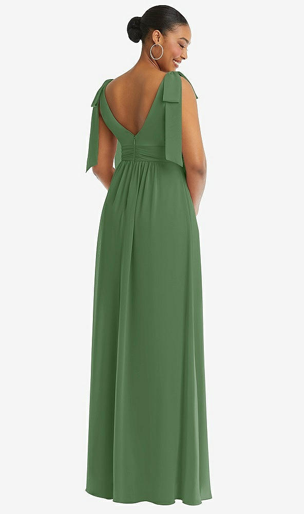 Back View - Vineyard Green Plunge Neckline Bow Shoulder Empire Waist Chiffon Maxi Dress