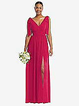 Alt View 1 Thumbnail - Vivid Pink Plunge Neckline Bow Shoulder Empire Waist Chiffon Maxi Dress