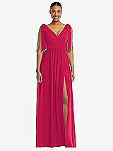 Front View Thumbnail - Vivid Pink Plunge Neckline Bow Shoulder Empire Waist Chiffon Maxi Dress