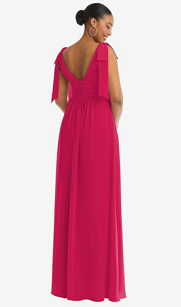 Back View - Vivid Pink Plunge Neckline Bow Shoulder Empire Waist Chiffon Maxi Dress