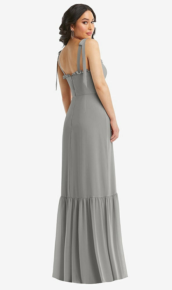 Back View - Chelsea Gray Tie-Shoulder Corset Bodice Ruffle-Hem Maxi Dress