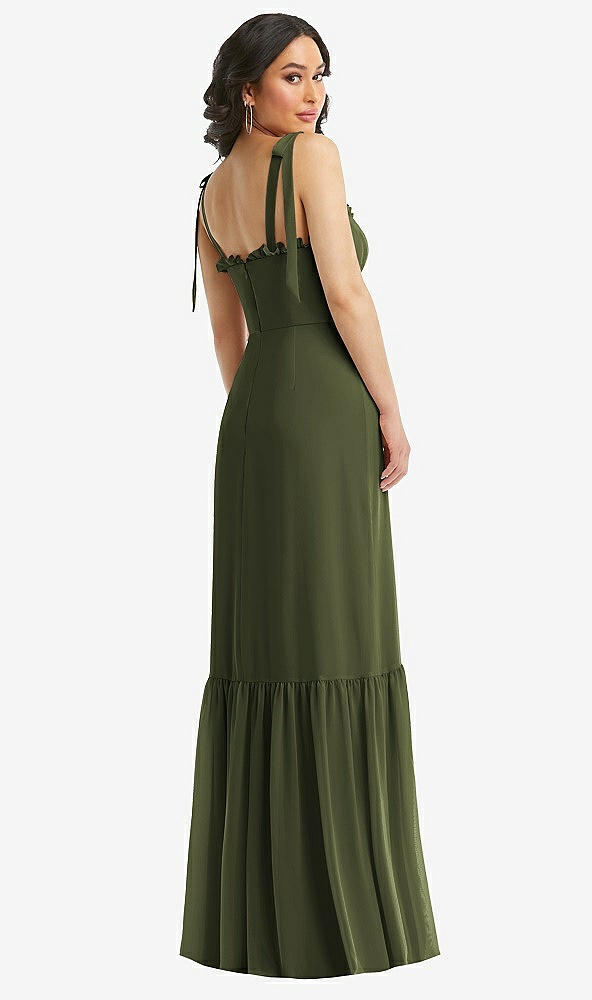 Back View - Olive Green Tie-Shoulder Corset Bodice Ruffle-Hem Maxi Dress