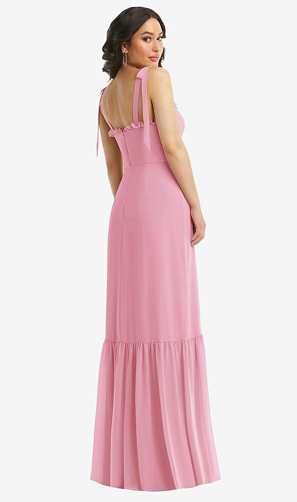 Back View - Peony Pink Tie-Shoulder Corset Bodice Ruffle-Hem Maxi Dress