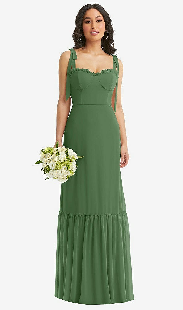 Front View - Vineyard Green Tie-Shoulder Corset Bodice Ruffle-Hem Maxi Dress