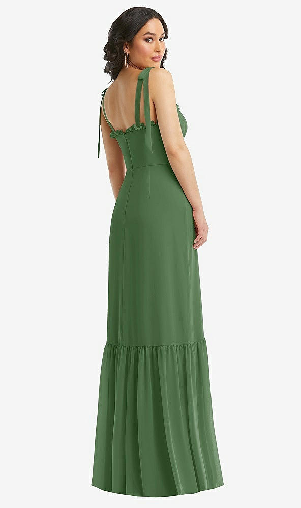 Back View - Vineyard Green Tie-Shoulder Corset Bodice Ruffle-Hem Maxi Dress
