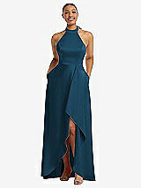 Front View Thumbnail - Atlantic Blue High-Neck Tie-Back Halter Cascading High Low Maxi Dress