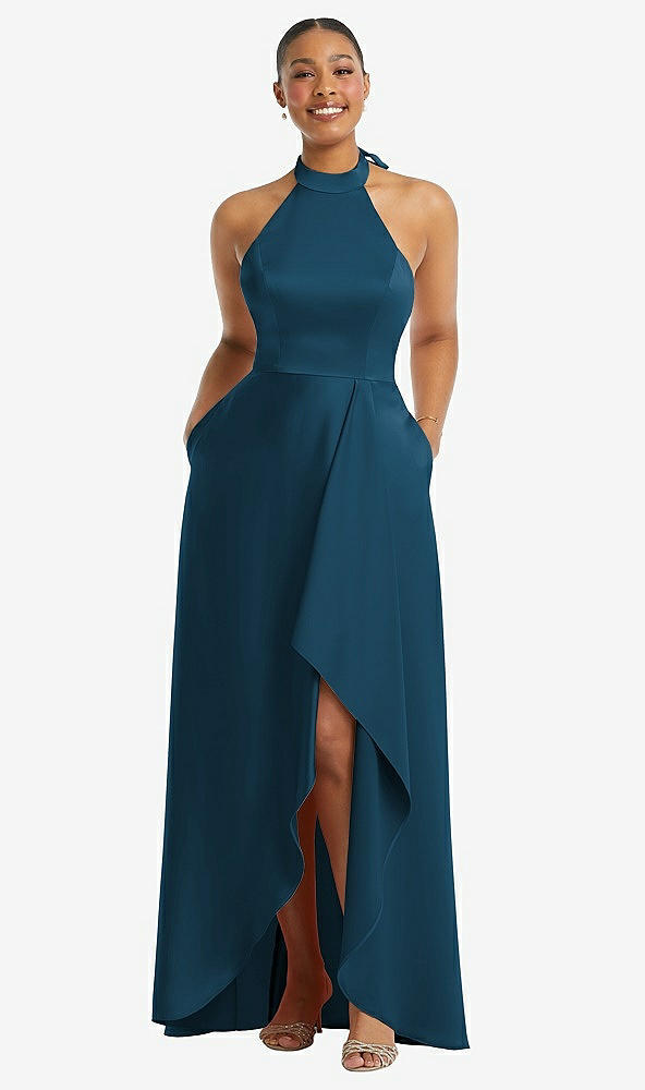 Front View - Atlantic Blue High-Neck Tie-Back Halter Cascading High Low Maxi Dress