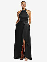 Front View Thumbnail - Black High-Neck Tie-Back Halter Cascading High Low Maxi Dress