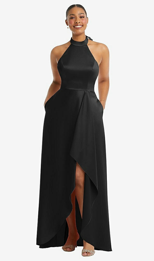 Front View - Black High-Neck Tie-Back Halter Cascading High Low Maxi Dress