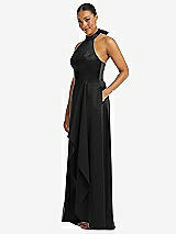 Side View Thumbnail - Black High-Neck Tie-Back Halter Cascading High Low Maxi Dress