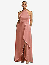 Front View Thumbnail - Desert Rose High-Neck Tie-Back Halter Cascading High Low Maxi Dress