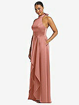 Side View Thumbnail - Desert Rose High-Neck Tie-Back Halter Cascading High Low Maxi Dress