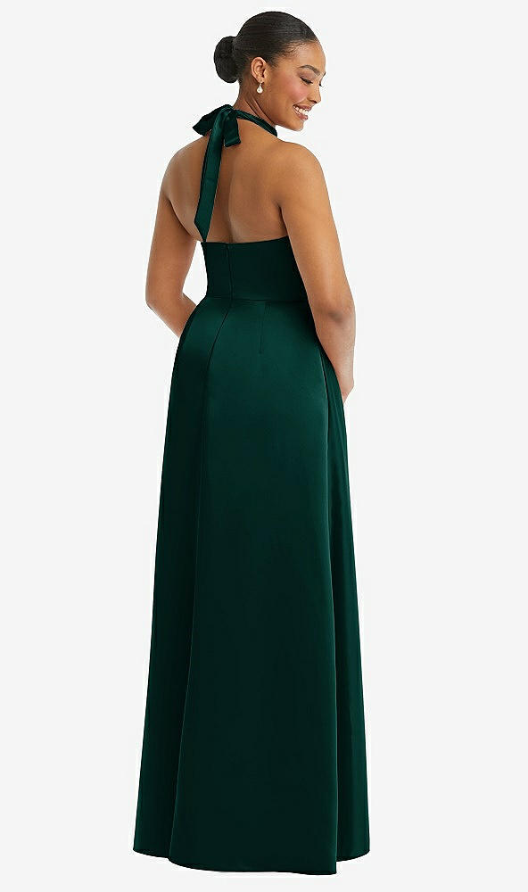 Back View - Evergreen High-Neck Tie-Back Halter Cascading High Low Maxi Dress