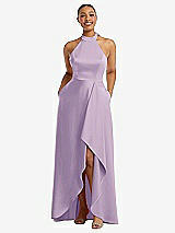 Front View Thumbnail - Pale Purple High-Neck Tie-Back Halter Cascading High Low Maxi Dress