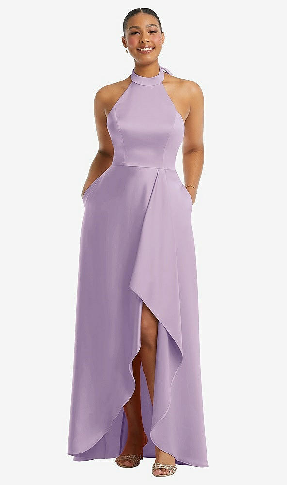 Front View - Pale Purple High-Neck Tie-Back Halter Cascading High Low Maxi Dress