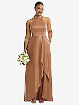 Alt View 1 Thumbnail - Toffee High-Neck Tie-Back Halter Cascading High Low Maxi Dress