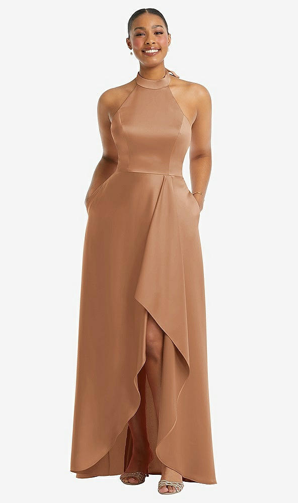 Front View - Toffee High-Neck Tie-Back Halter Cascading High Low Maxi Dress