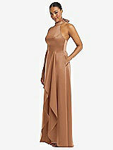 Side View Thumbnail - Toffee High-Neck Tie-Back Halter Cascading High Low Maxi Dress