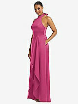 Side View Thumbnail - Tea Rose High-Neck Tie-Back Halter Cascading High Low Maxi Dress