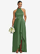 Alt View 1 Thumbnail - Vineyard Green High-Neck Tie-Back Halter Cascading High Low Maxi Dress