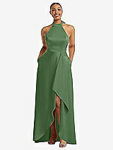 Front View Thumbnail - Vineyard Green High-Neck Tie-Back Halter Cascading High Low Maxi Dress