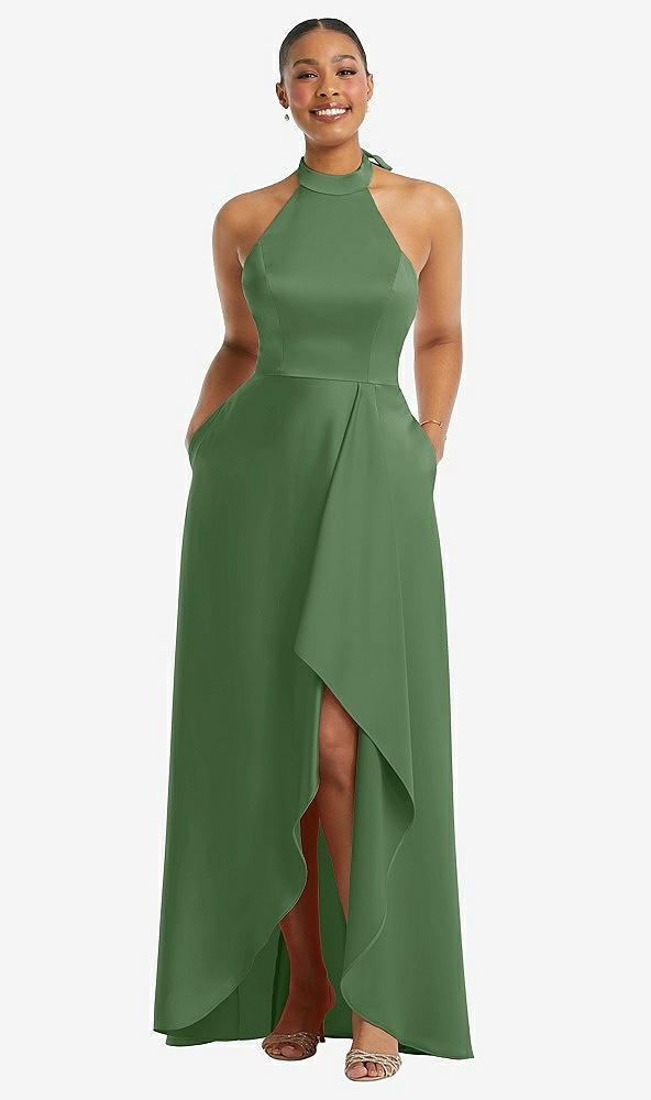 Front View - Vineyard Green High-Neck Tie-Back Halter Cascading High Low Maxi Dress