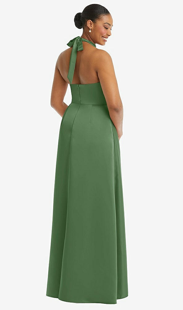 Back View - Vineyard Green High-Neck Tie-Back Halter Cascading High Low Maxi Dress